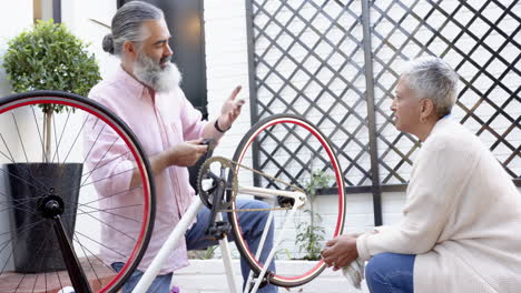 repairing bicycle, senior couple discussing maintenance in outdoor area