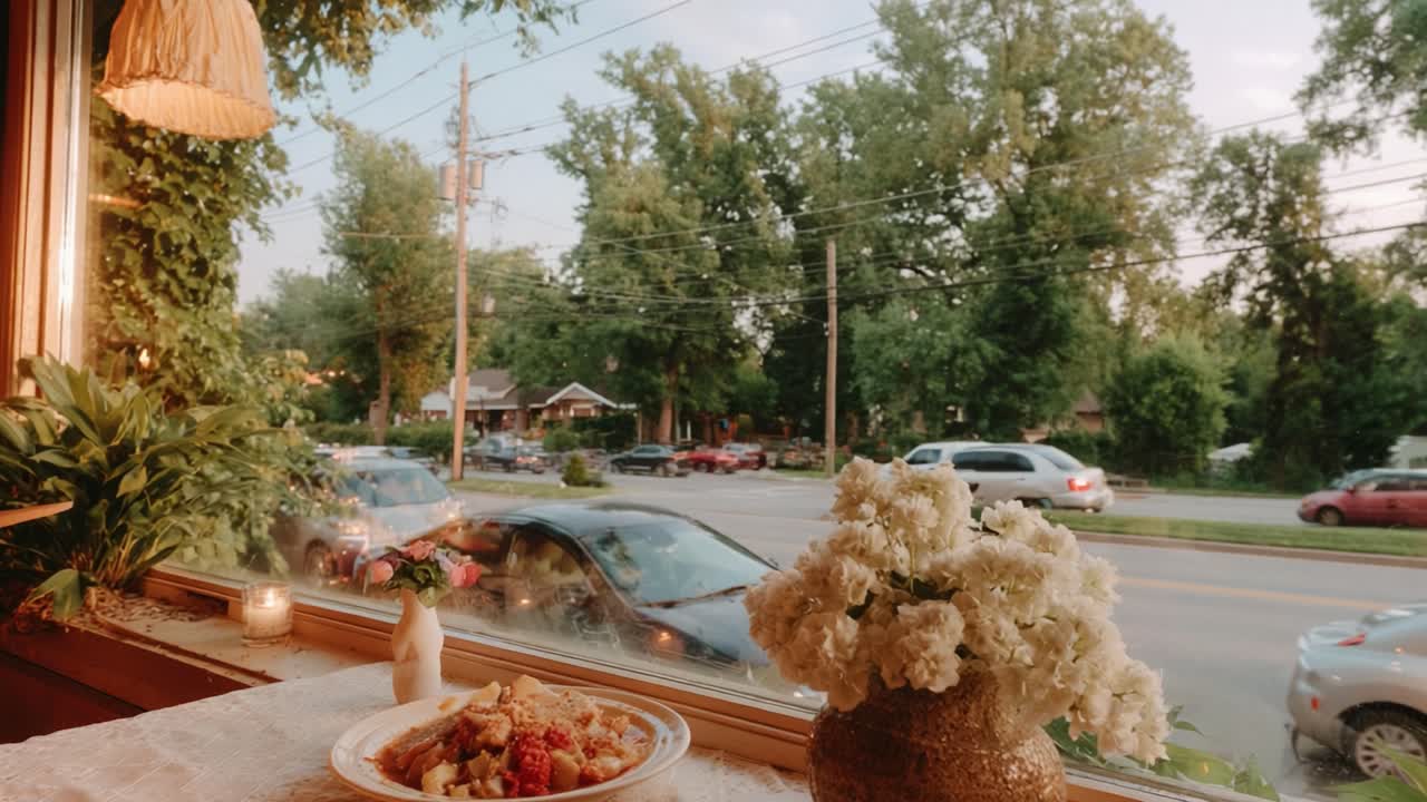 A Cozy Dining Scene by the Window Featuring a Delicious Meal and a Scenic View of Tree-Lined Streets and Passing Cars in the Golden Hour Light