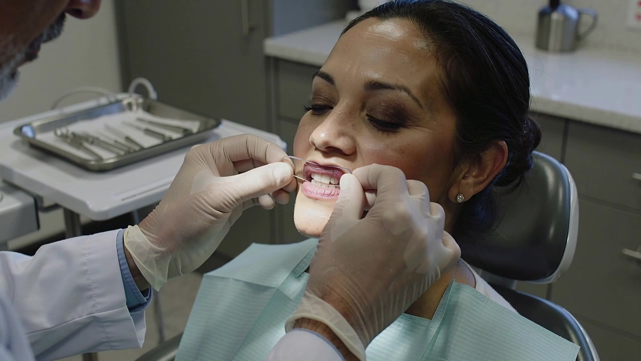 Dentista con camice e guanti tiene teso il filo interdentale, passandolo tra i denti in clinica per la pulizia