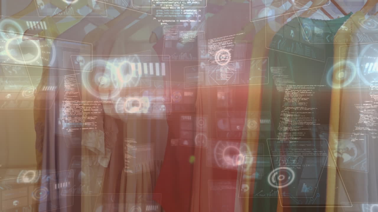animación del procesamiento de datos sobre la ropa colgada en exhibición en la tienda