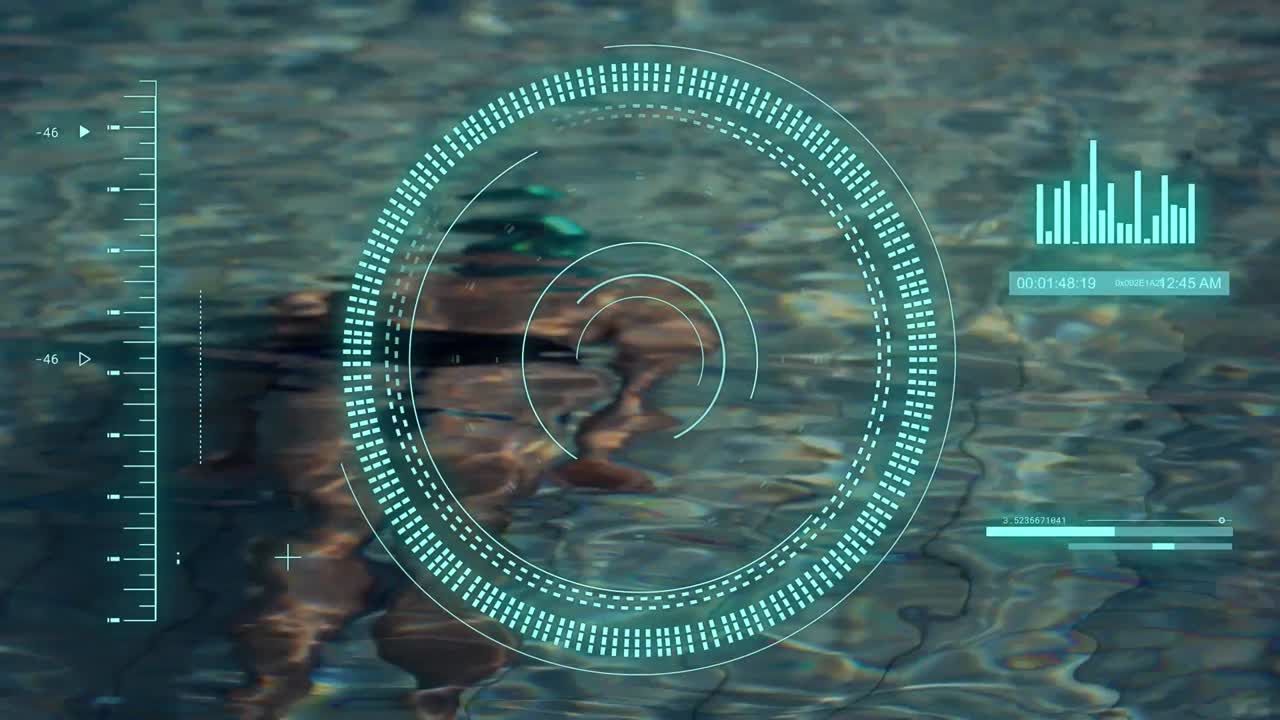 animación del procesamiento de datos y el escaneo de alcance sobre el nadador caucásico masculino.