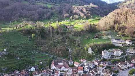 Aerial-view-of-Weesen,-Switzerland,-with-terraced-fields-and-dense-greenery-enveloping-the-village