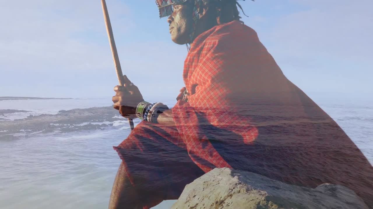 animación del paisaje sobre un hombre afroamericano con ropa tradicional