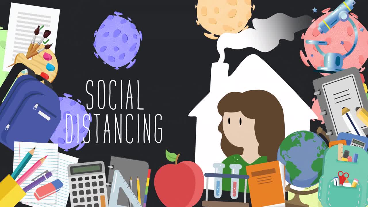 회색 배경에 있는 여러 학교 개념 아이콘 위에 사회적 거리두기 텍스트