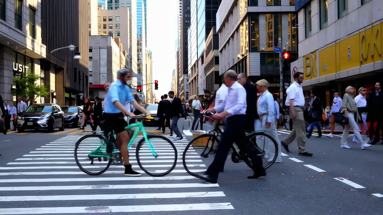 Busy City Street Scene with Pedestrians and Cyclists