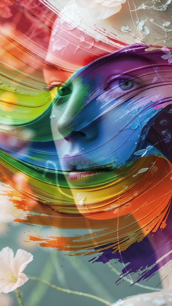 Vertical video: Brush strokes sweeping, shifting across portrait in studio, revealing white flowers