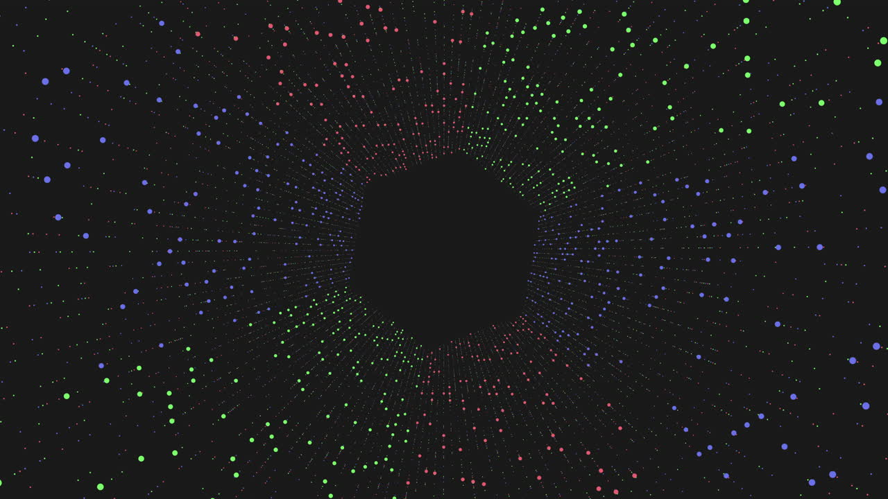 Vibrant dots in a spiral on a dark backdrop form a dynamic whirl on this image. The colorful dots seem in motion, generating a hypnotic spinning sensation