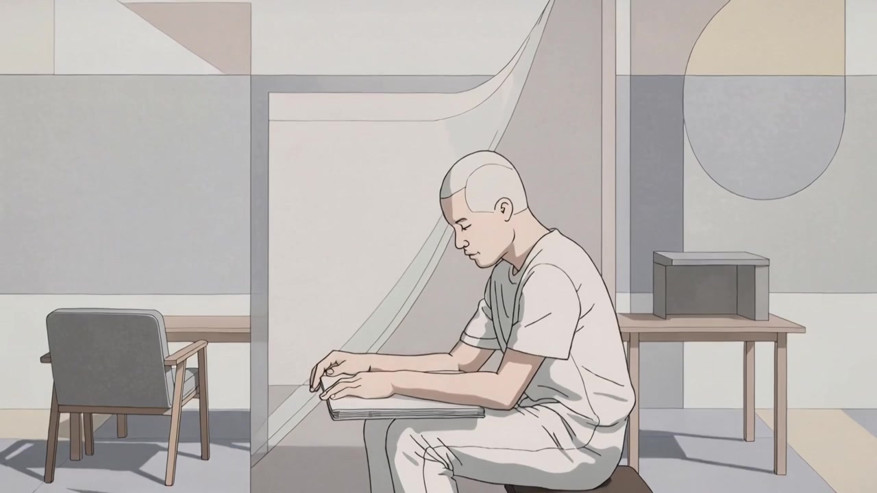 Uomo che entra, seduto su uno sgabello in un cubicolo di studio, con indosso una maglietta, che scrive su un quaderno per studiare.