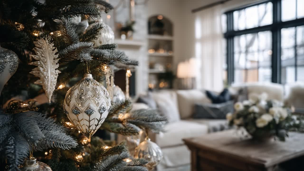 Un'accogliente scena natalizia con un albero decorato con ornamenti eleganti e un ambiente caldo nel soggiorno, che cattura perfettamente lo spirito e il comfort delle feste