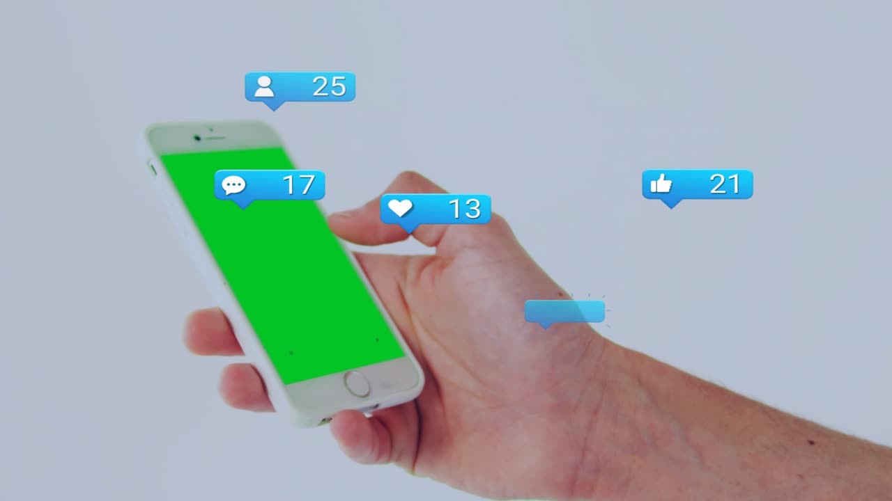 Right hand holding phone, bubble appearing, badges popping, counts rising, showing social growth