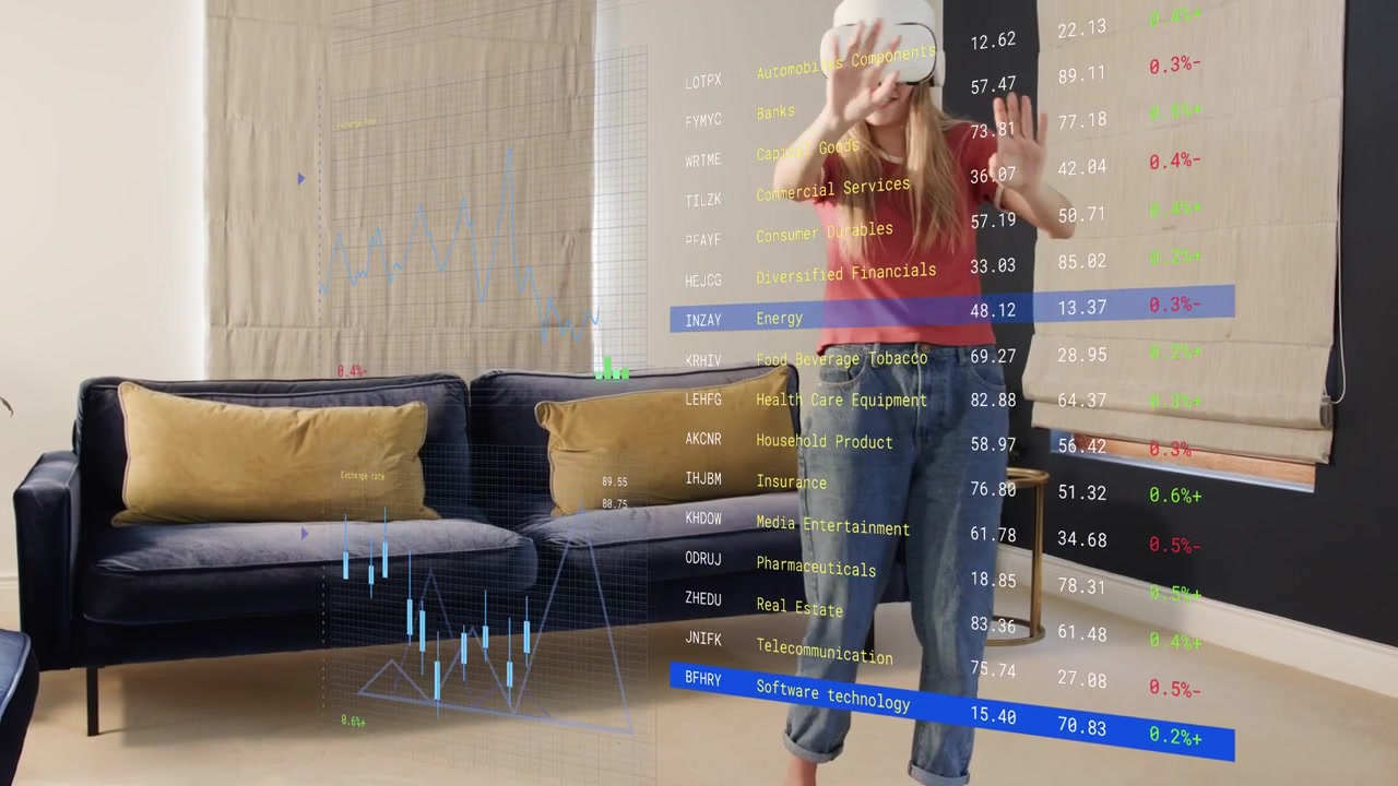 Woman with white VR headset reaching, selecting and dragging bars on finance HUD to analyze trends