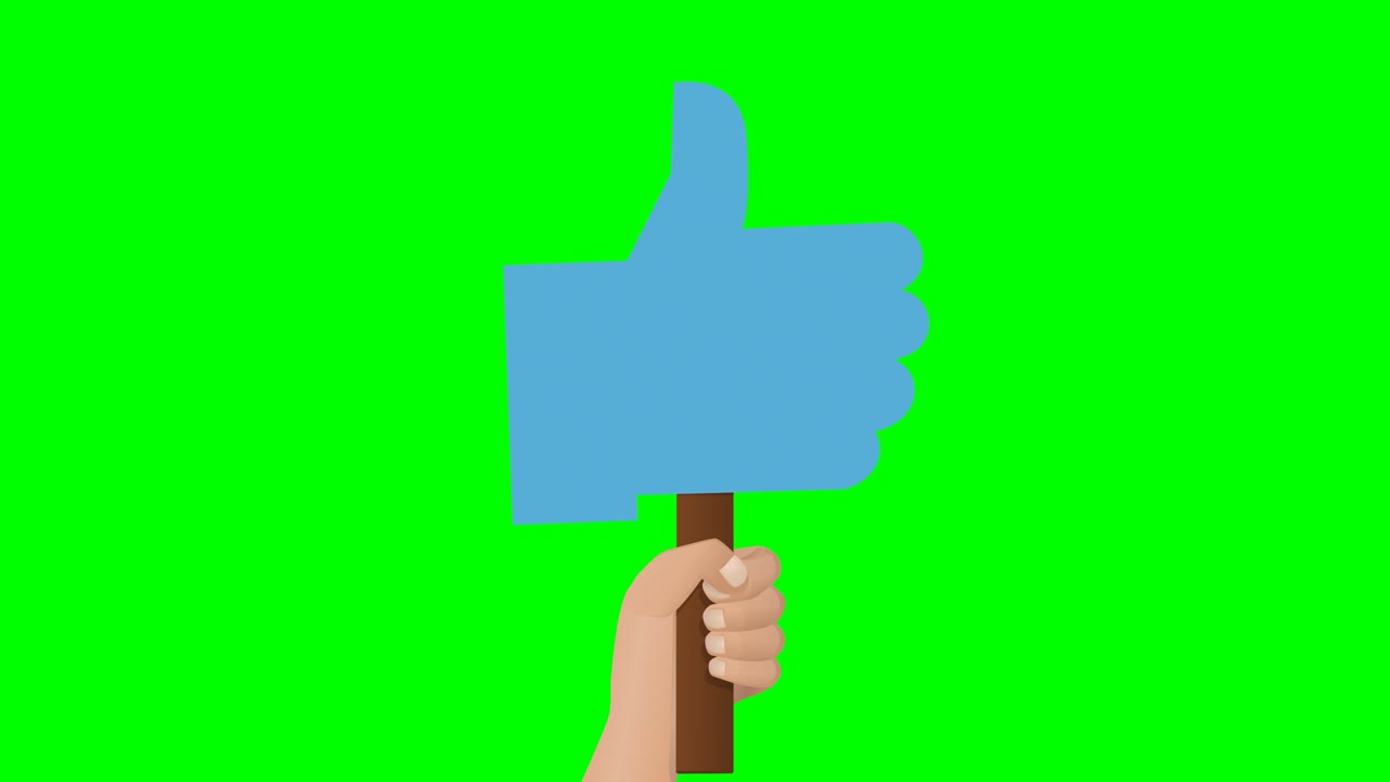 A hand holds up a blue thumb sign on green background
