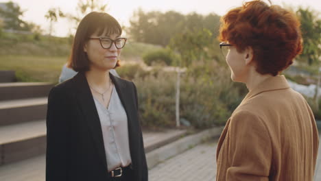 asian businesswoman shaking hands and talking with colleague on street