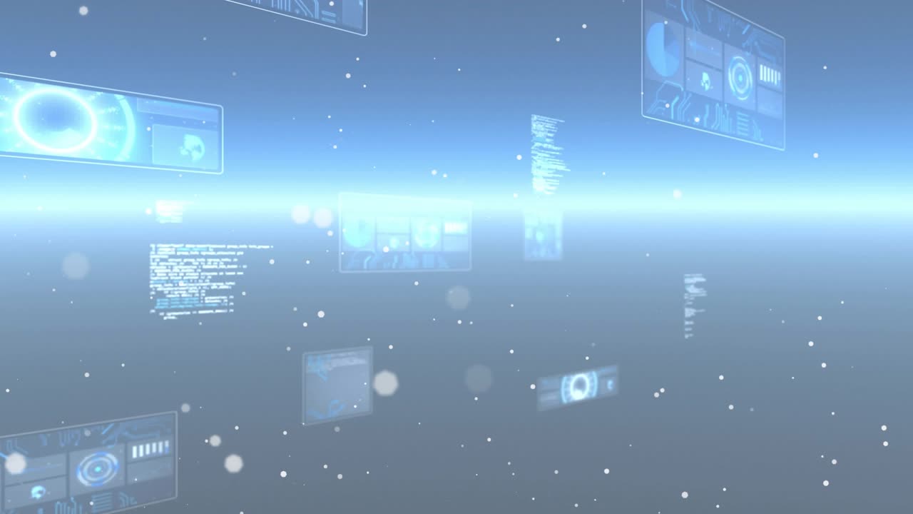 Particles guiding holographic panels fading and rotating as camera gliding forming data corridor