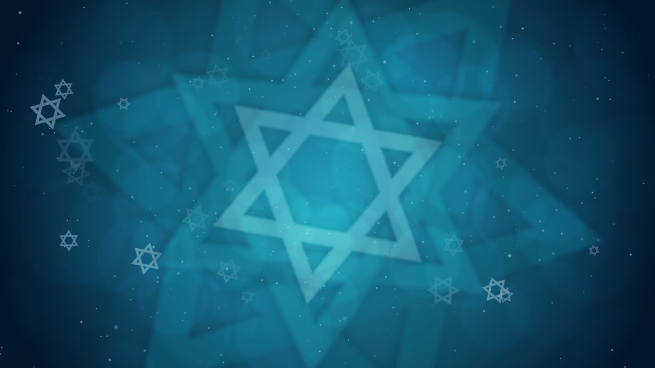 Religious traditional pattern with six-pointed star Israel symbol.. Animated Stars of David on blue loop background.
