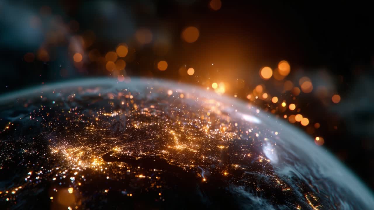 Una vista mozzafiato della Terra dallo spazio che mette in risalto le luci urbane e il bagliore atmosferico in due fotogrammi di un viaggio cinematografico attraverso il cosmo
