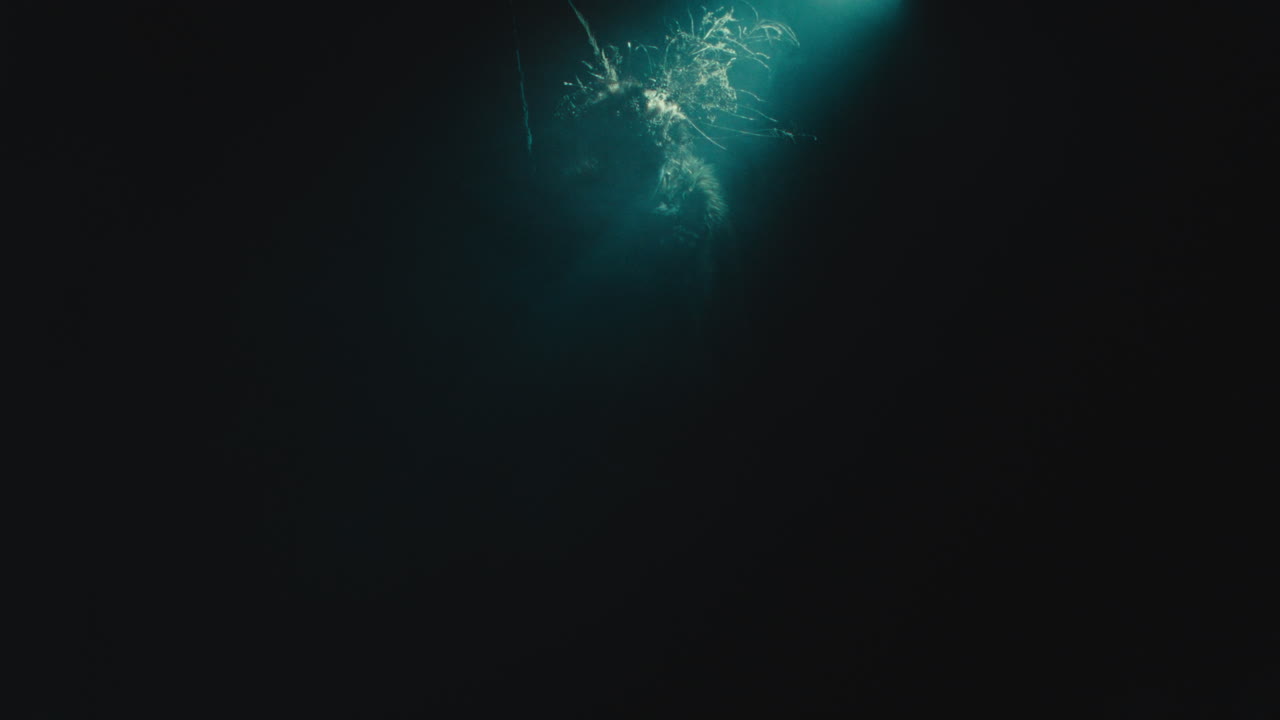 A creepy witch stands in the moody pose during the night storm