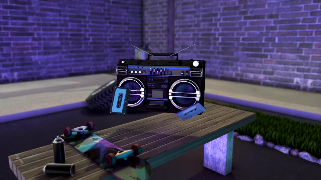 Scena in stile anni '80 con boombox e skateboard
