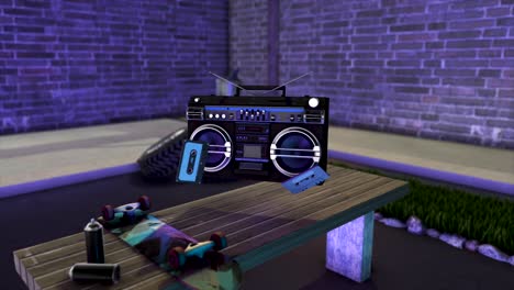 la escena de los años 80 con boombox y skateboard