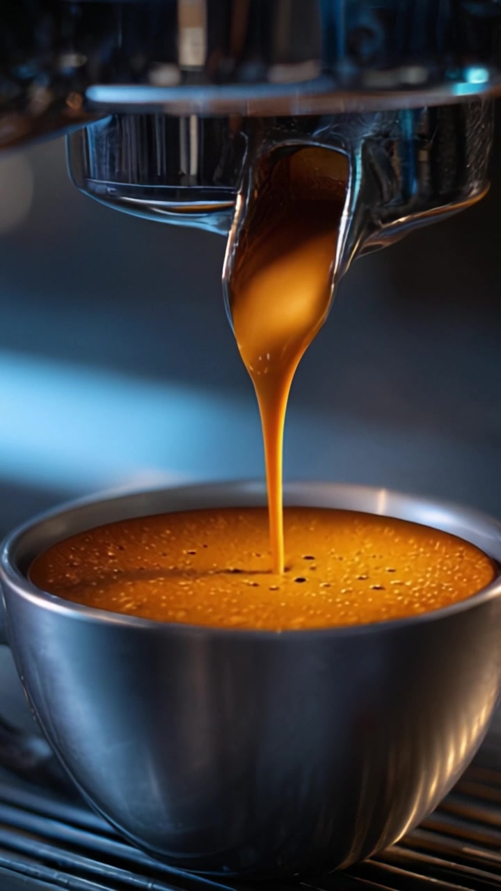 Catturare l'arte dell'estrazione dell'espresso: un primo piano di espresso ricco e aromatico che si versa in una tazza d'argento sotto una luce soffusa.