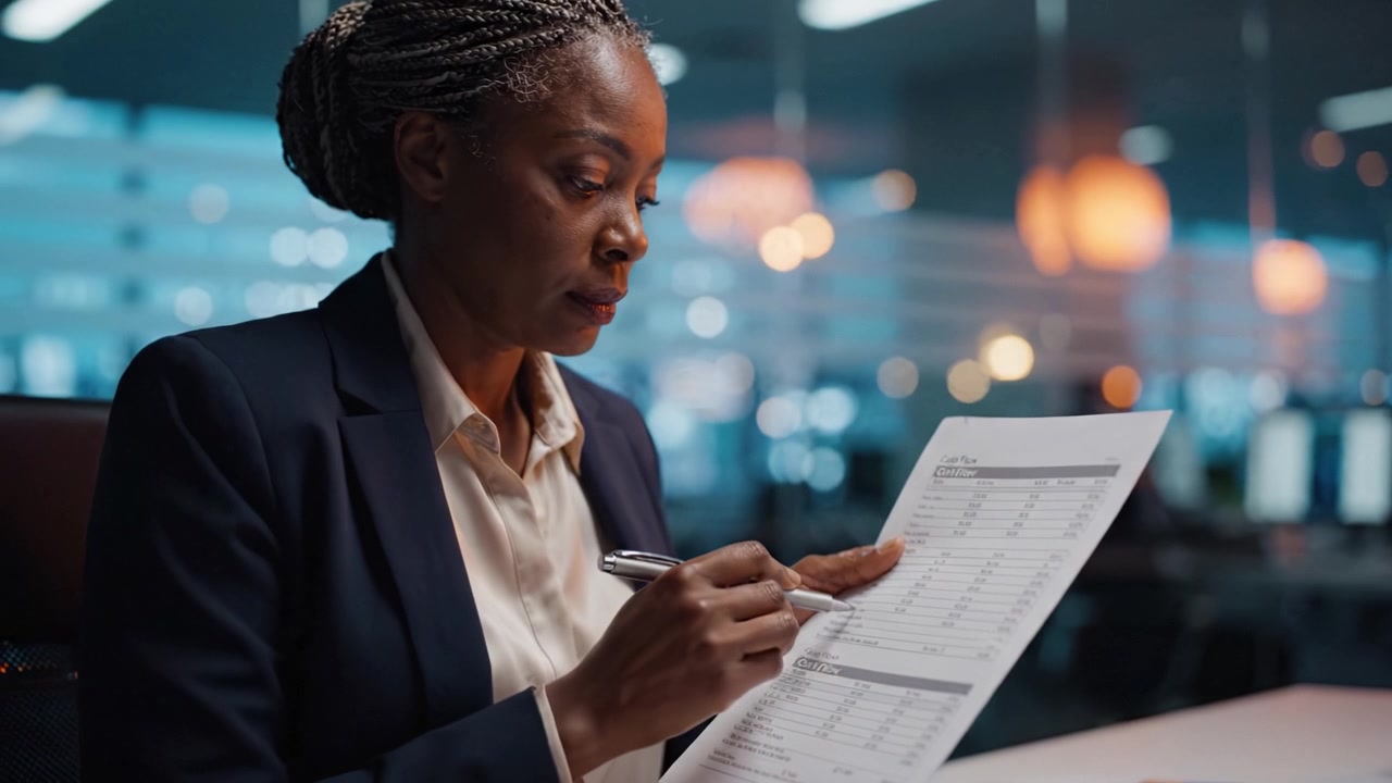Focused professional reviewing important documents in a modern office setting, showcasing determination and attention to detail in her work environment.