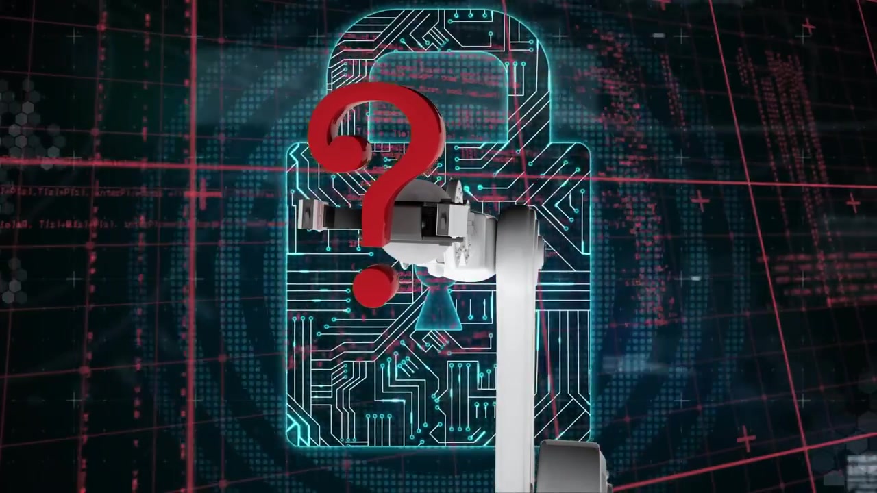Animation of robotic hand with question mark over data processing on black backgorund