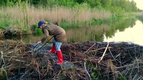 vista trasera de una niña quitando palos de un dique de castores que obstruye el río, estático, día