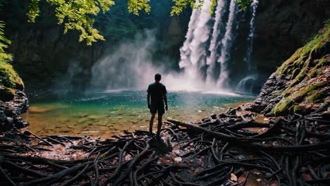 man contemplating a majestic waterfall in a lush forest