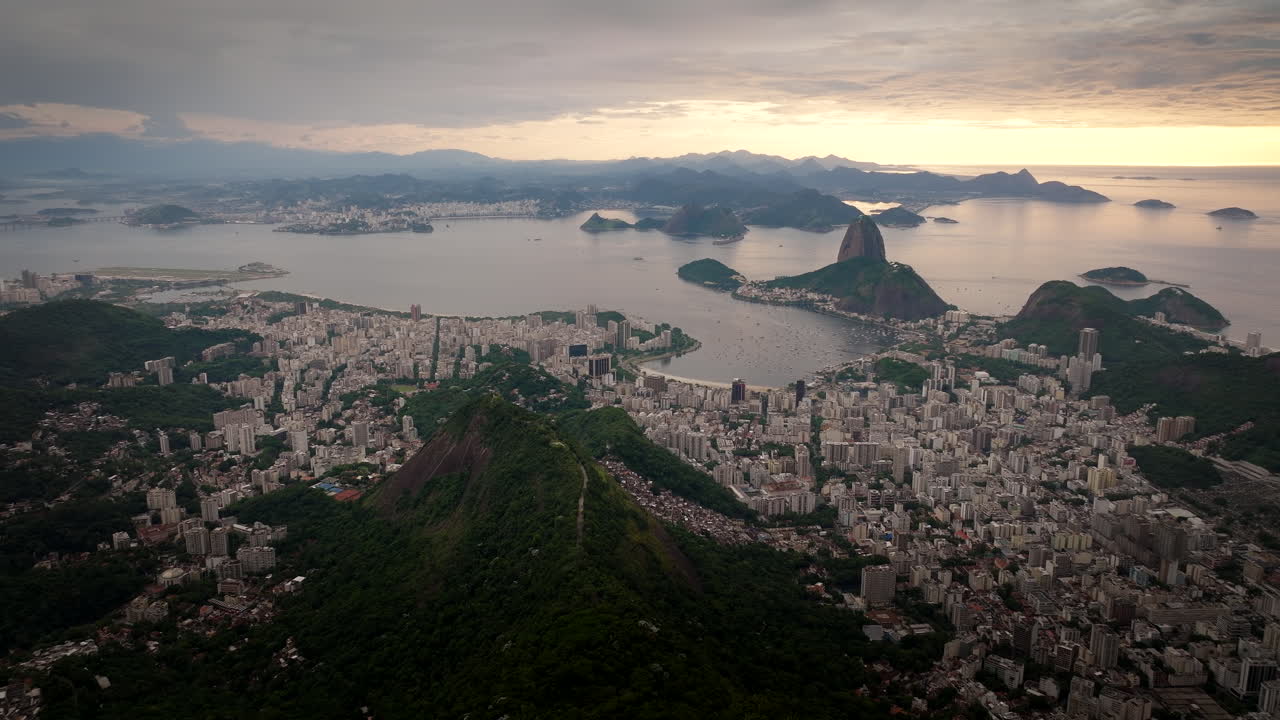 High panoramic drone view of famous Rio de Janeiro sunrise over Guanabara Bay