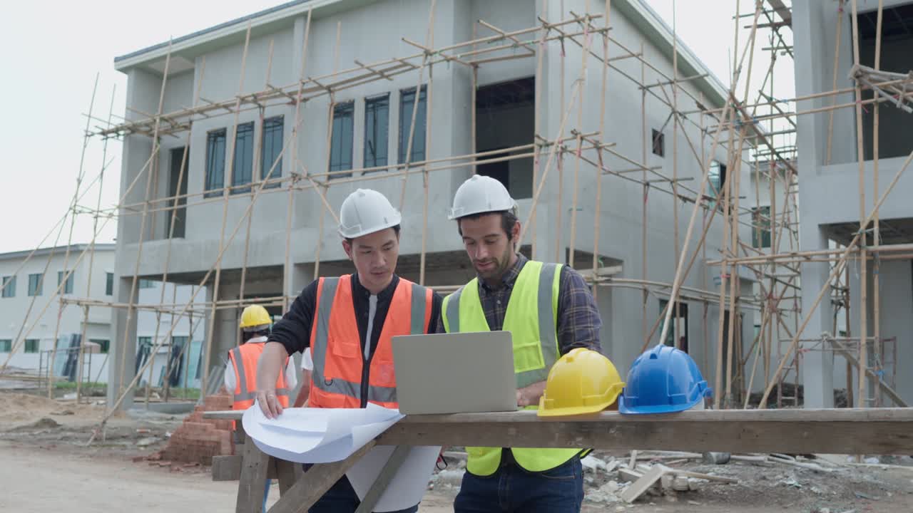 gerente profesional de ingenieros civiles masculinos o arquitectos y capataz, trabajador. mientras se reúnen discutir inspeccionar con computadora portátil, proyecto de construcción de plano en el sitio de construcción.