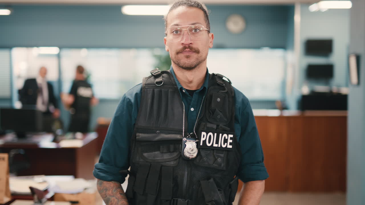 카메라를 향한 경찰관 느린 동작