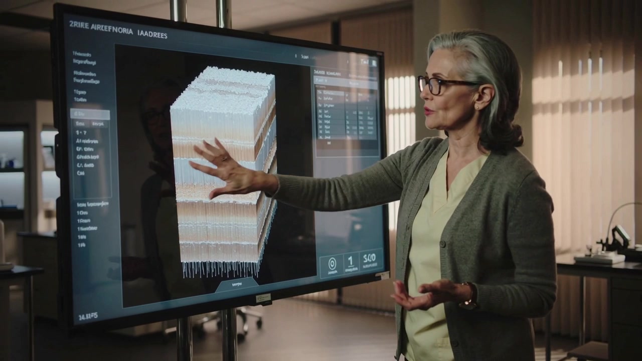 Showing cardigan-clad senior rotating cube on screen in lab as model appears for study, copy space