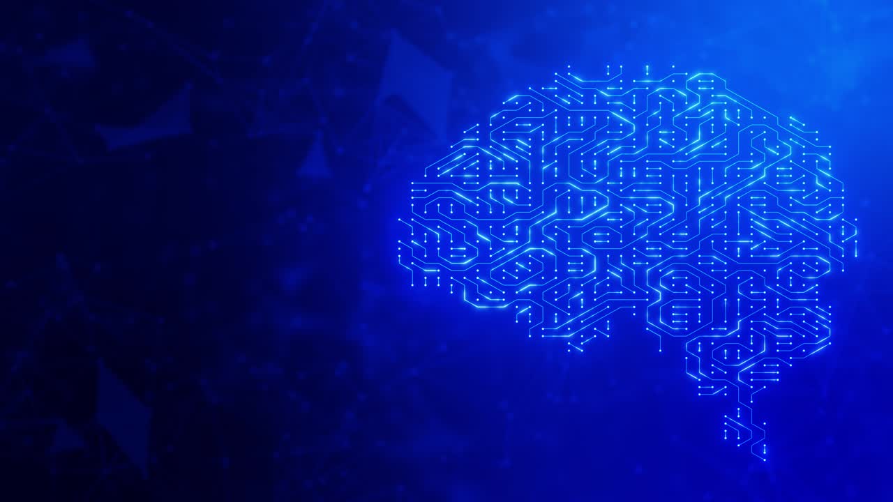 Circuit Board with moving electrons. Abstract electronic blue circuit board background. Artificial intelligence