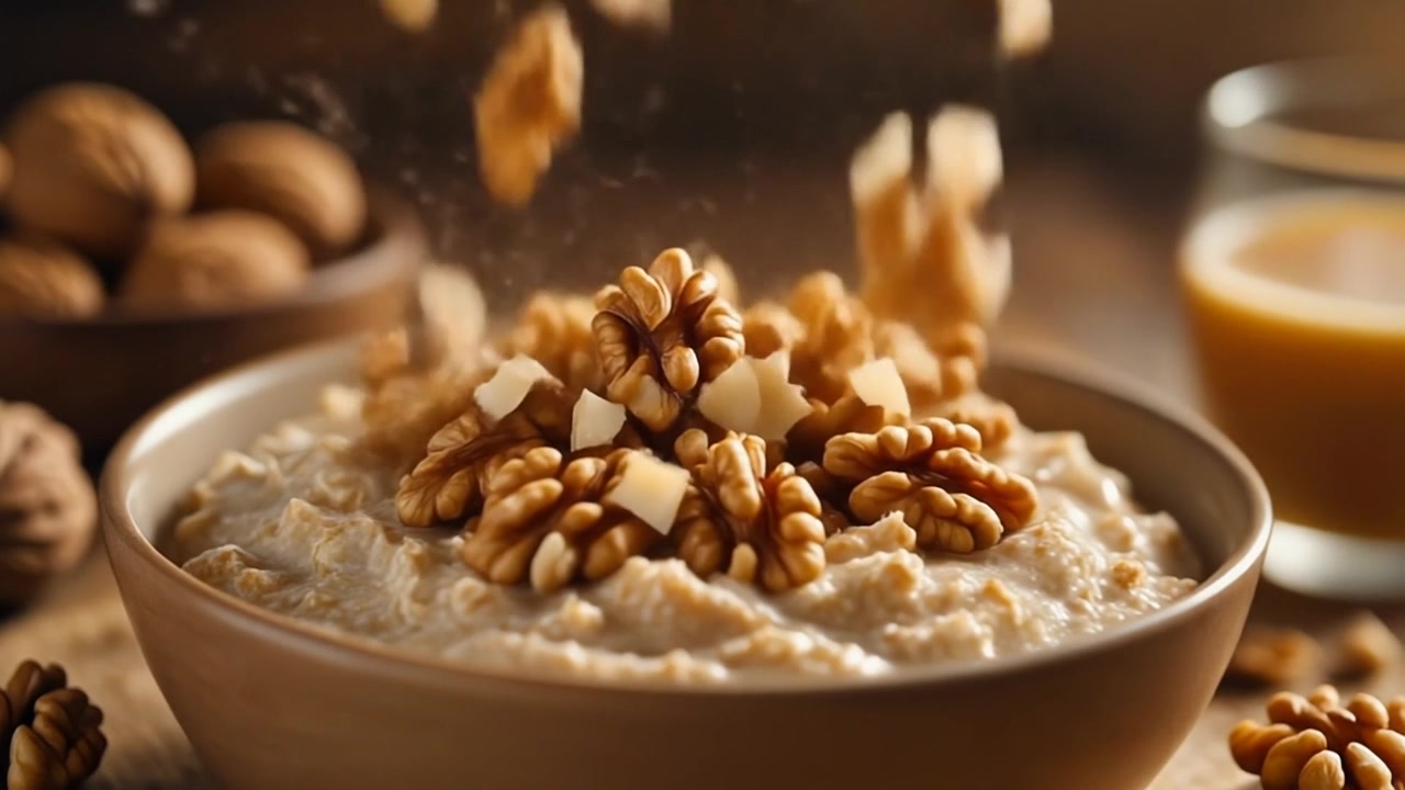 Noci e frutta a cubetti che cadono su una ciotola di porridge