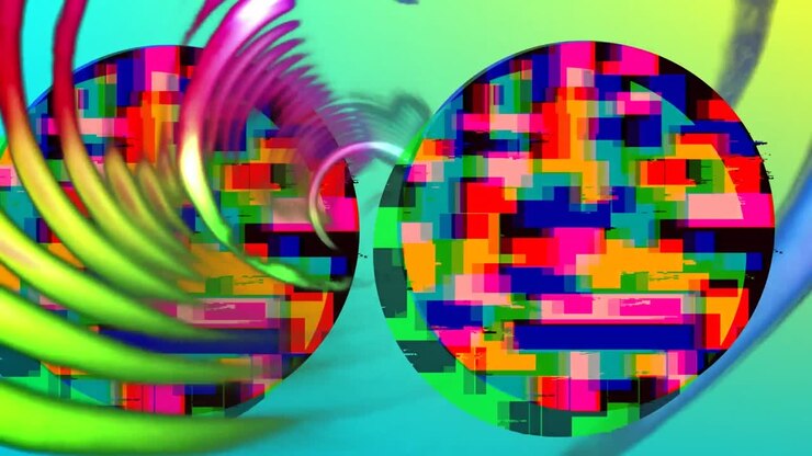 Animation of neon circles moving over multicolour wheel on blue background