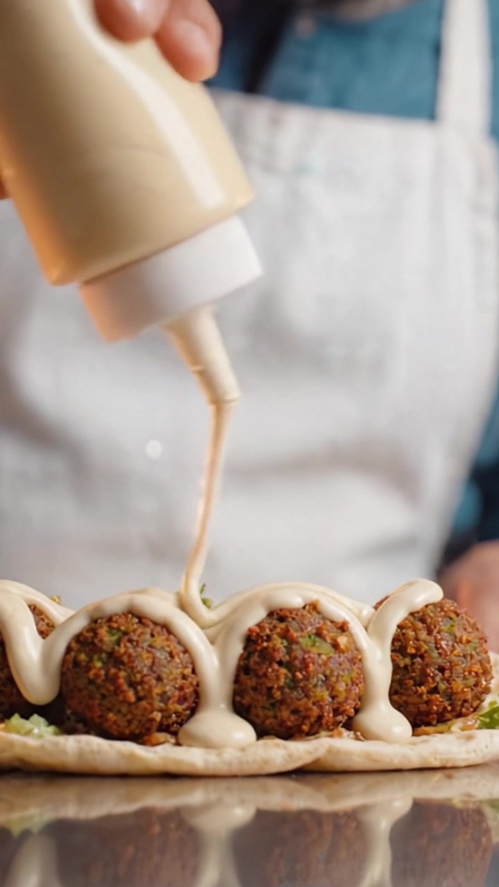 Preparazione di un delizioso falafel wrap: uno chef aggiunge abilmente la salsa a palline di falafel appena fritte servite su piadina calda con verdure fresche.