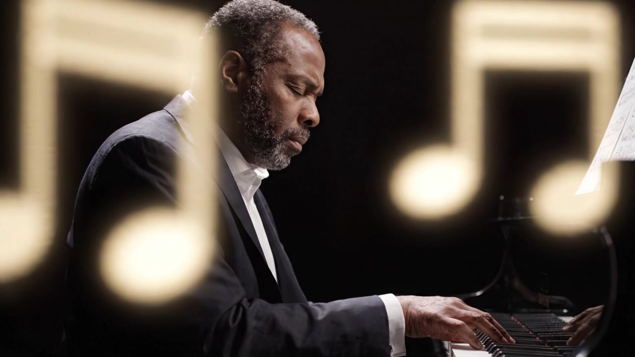 A soulful pianist captured in the moment as he plays, surrounded by floating musical notes, evoking a profound connection to the rhythm and melody of music.