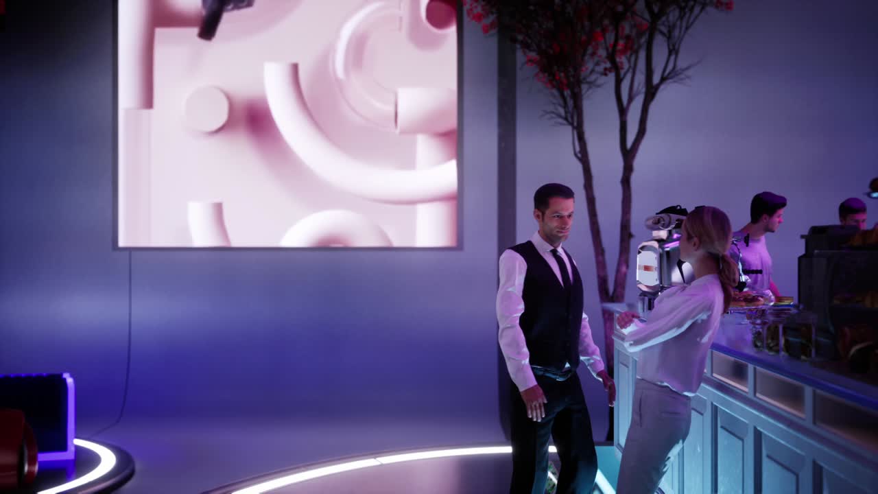 바텐더가 앞뒤로 걷는 동안 바에 앉아 있는 사람들의 3d 애니메이션