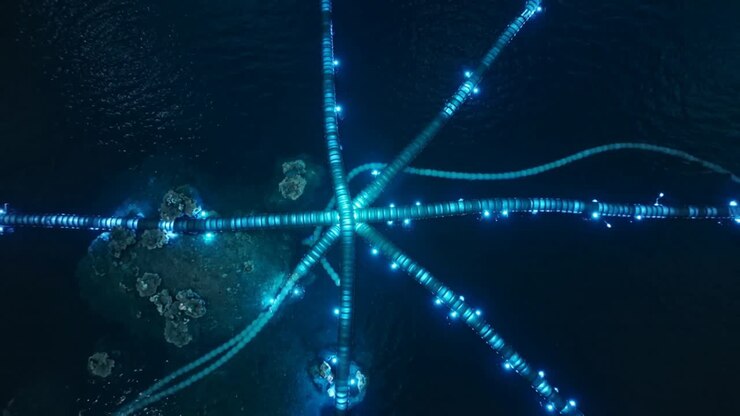 Brightening hub sending bead-like lights outward along radial arms over dark water, showing islets