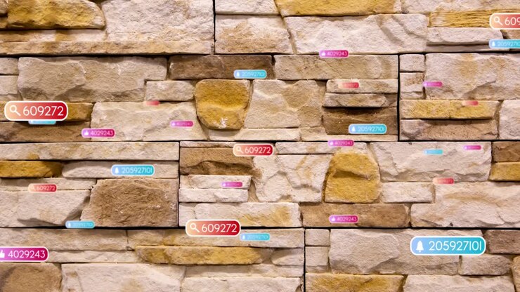 Animation of social media icons and text over stone background