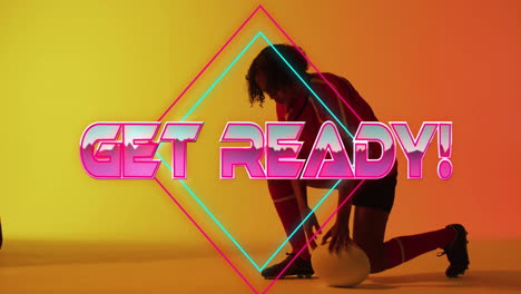 animation of get ready text with shapes over biracial female rugby player crouching
