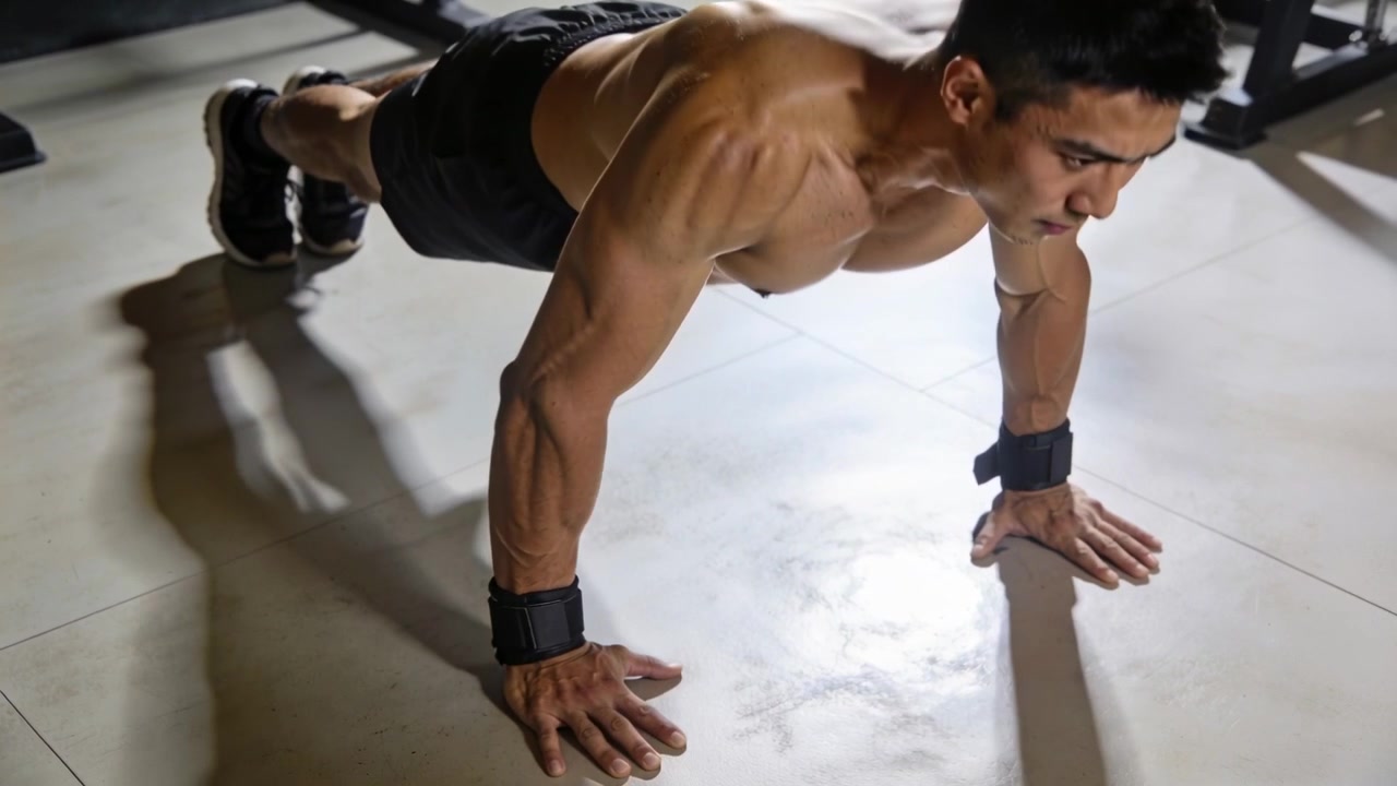 Starting from high-plank, shirtless man performing push-ups at gym with wrist straps for strength
