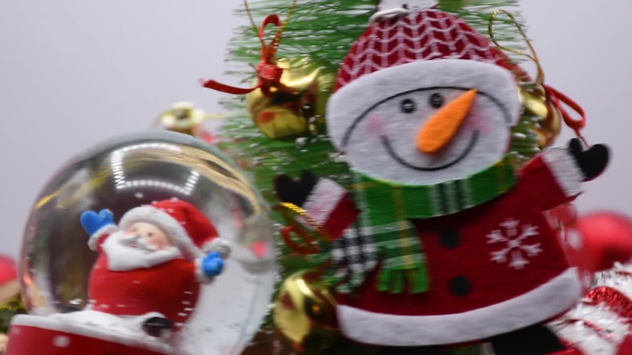 primer plano de adornos navideños alrededor del árbol de navidad girando en sentido contrario a las agujas del reloj.