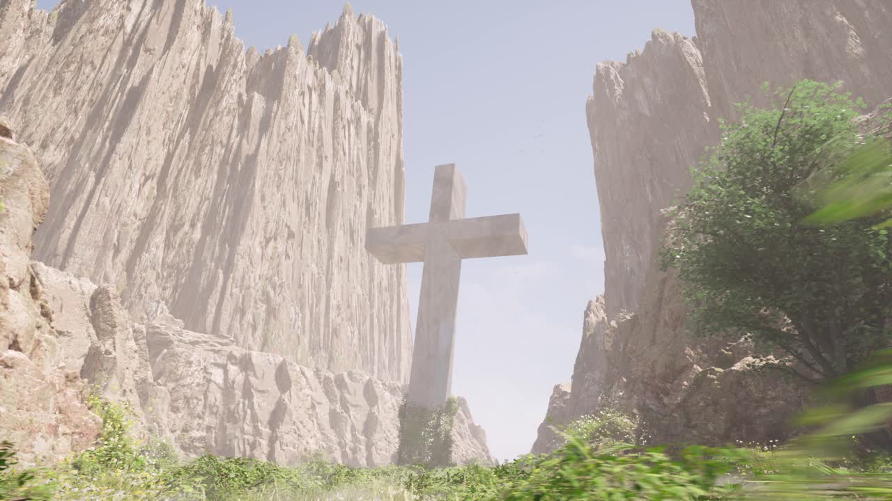 거대한 가파른 절벽 사이의 큰 십자가, 풀과 덤불, 3d 애니메이션 카메라 돌리 뒤로