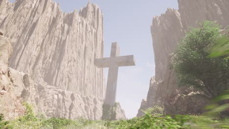 un gran cruce entre enormes acantilados empinados, con hierba y arbustos a su alrededor, cámara de animación 3d rodante hacia atrás