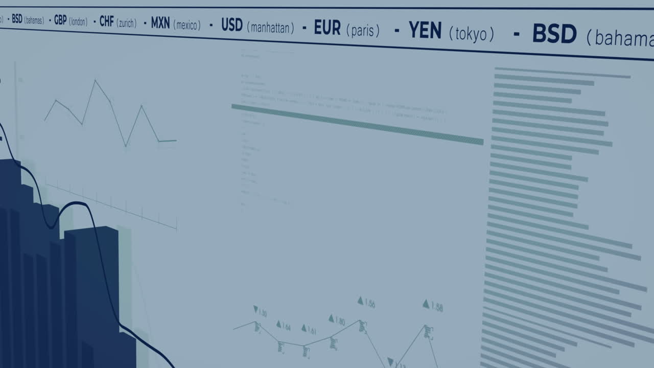 Animation of statistical and financial data processing against white background