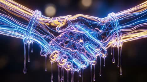 an artistic depiction of interconnected hands in flowing light and liquid, symbolizing unity and connection through a fluid exchange of energy