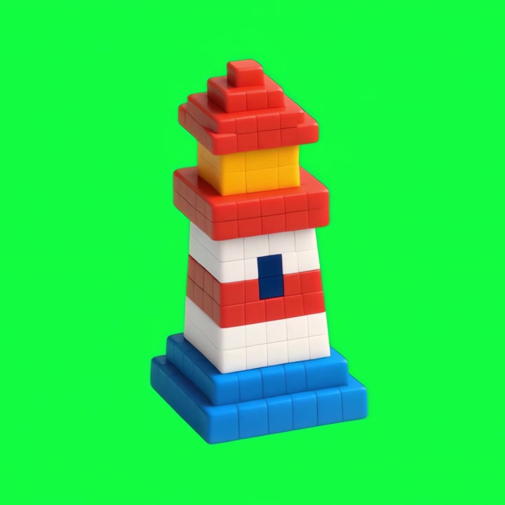 Modelo de faro giratorio construido con bloques de construcción de plástico coloridos