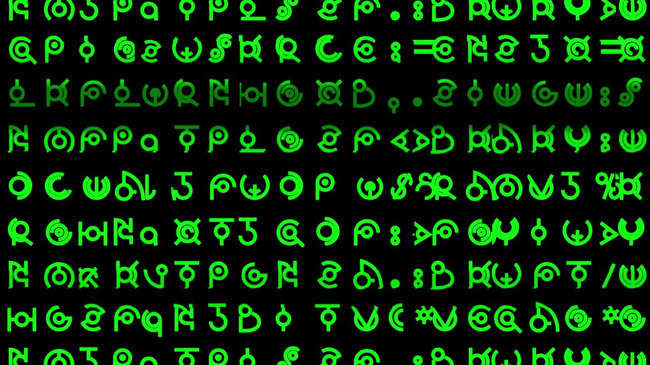 gráficos en movimiento con líneas de desplazamiento de jeroglíficos de estilo alienígena con fallas y texto escrito que cambia rápidamente en secuencias aleatorias en una fuente verde de tamaño mediano: ideal para contenido de reemplazo de pantalla