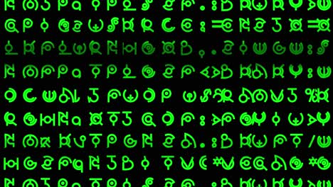 Motion-graphics-featuring-scrolling-lines-of-glitchy-alien-style-hieroglyphs-and-written-text-rapidly-changing-in-random-sequences-in-mid-sized-green-font---ideal-for-screen-replacement-content